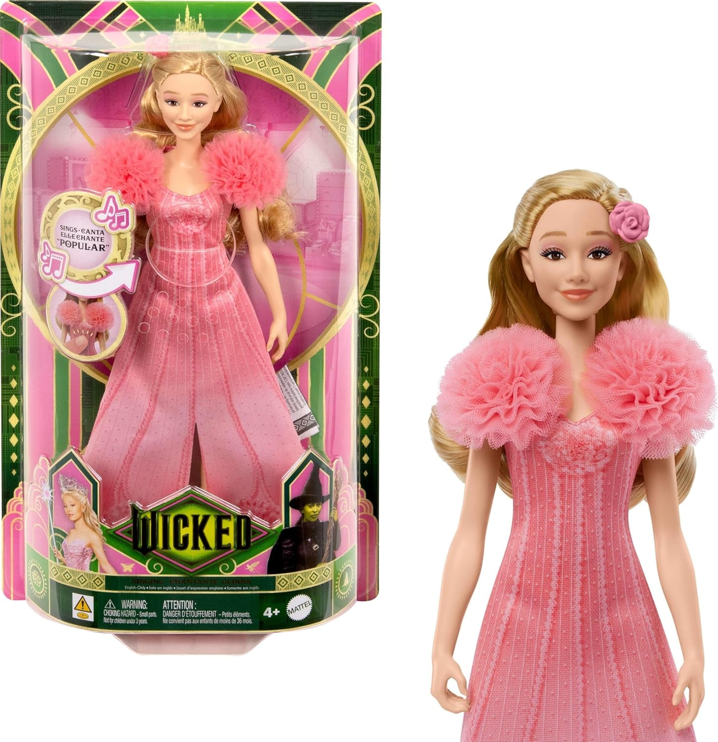 Păpușă cântătoare Mattel Glinda din Wicked and Accessories, articulată cu aspect inspirat din filme și ținută detașabilă, cântă „Loved by Us”, JLG49, roz