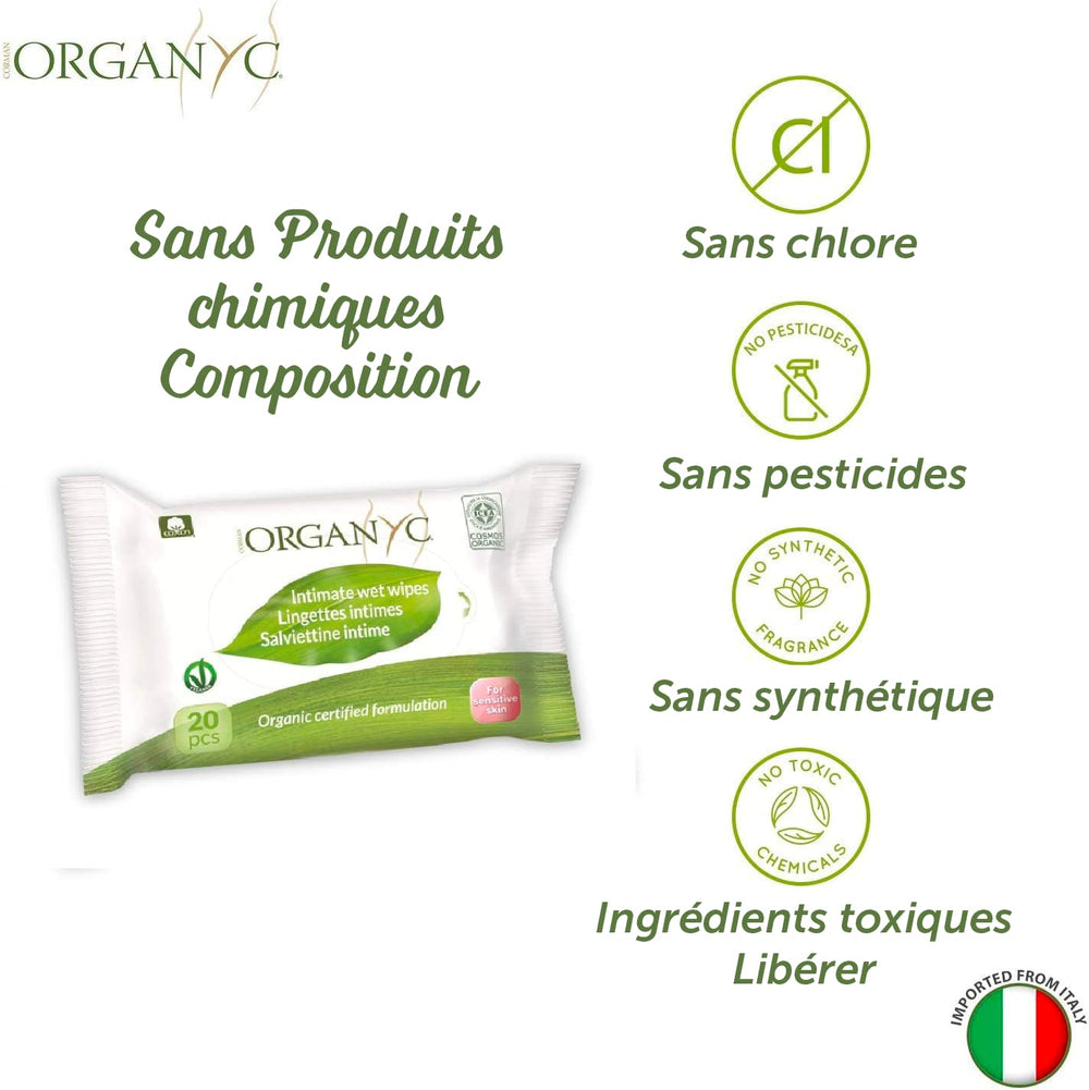 Salviette intime Organyc Moist, realizzate in cotone organico certificato al 100% - 4 confezioni da 20 salviette (80 salviette in totale)