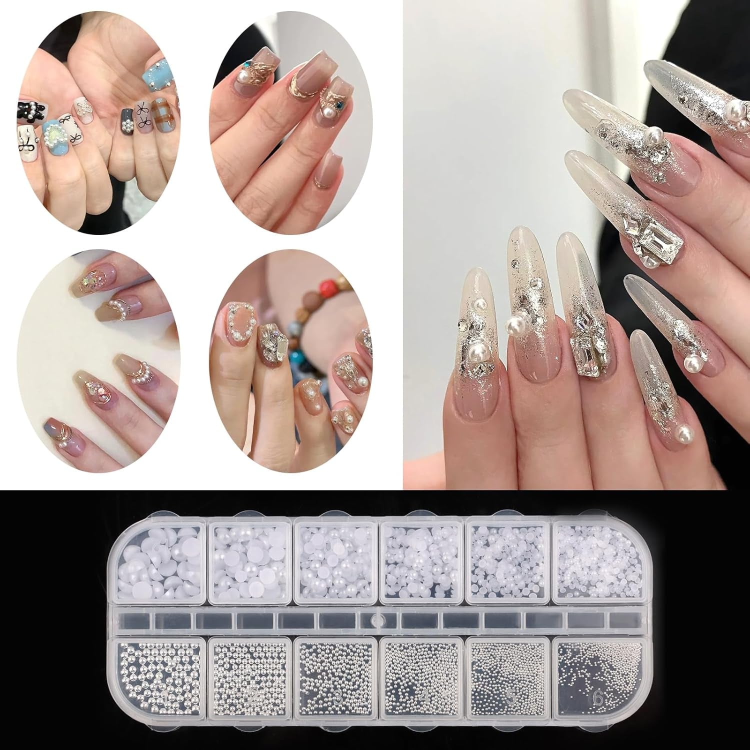 Nail Art Strasssteine 1 Schachtel, Nail Charms, 12 Typen Weiße Perlen Für Nägel, Flatback Rhinestones, Klein Edelstahl-Perlen, Nagel Deko, Nagel Zubehör
