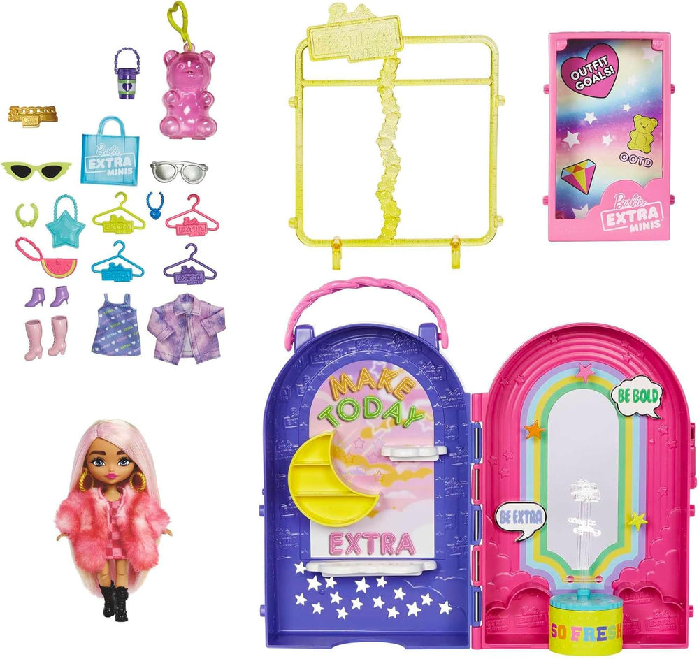 Barbie Extra Minis, Păpușă Extra Mini și Set de Joacă Boutique, Dulap cu Dulapuri, Rafturi, Oglinzi, Platformă 360, Păpușă Extra Mini cu Accesorii de Păr Roz, HHN15