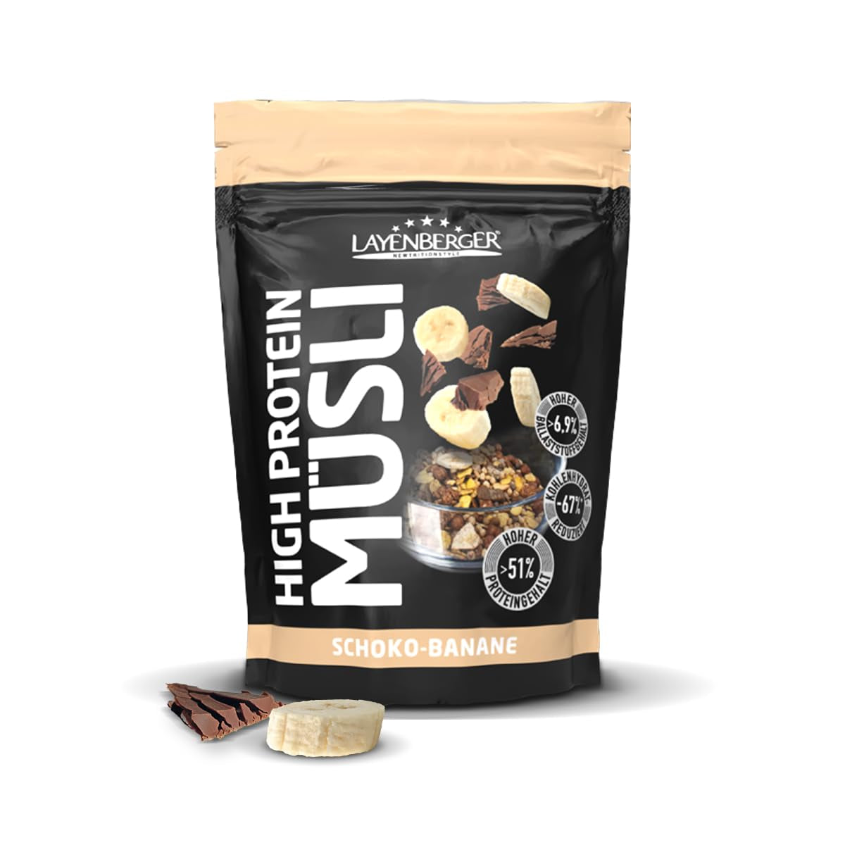 Layenberger 3K High Protein Müsli, 50% Eiweiß Und 18% Kohlenhydrate - Single Pack (1X 390 G) - Schoko-Nuss Cereale Naty Shop 390 G (1Er Pack) Schoko-Banane