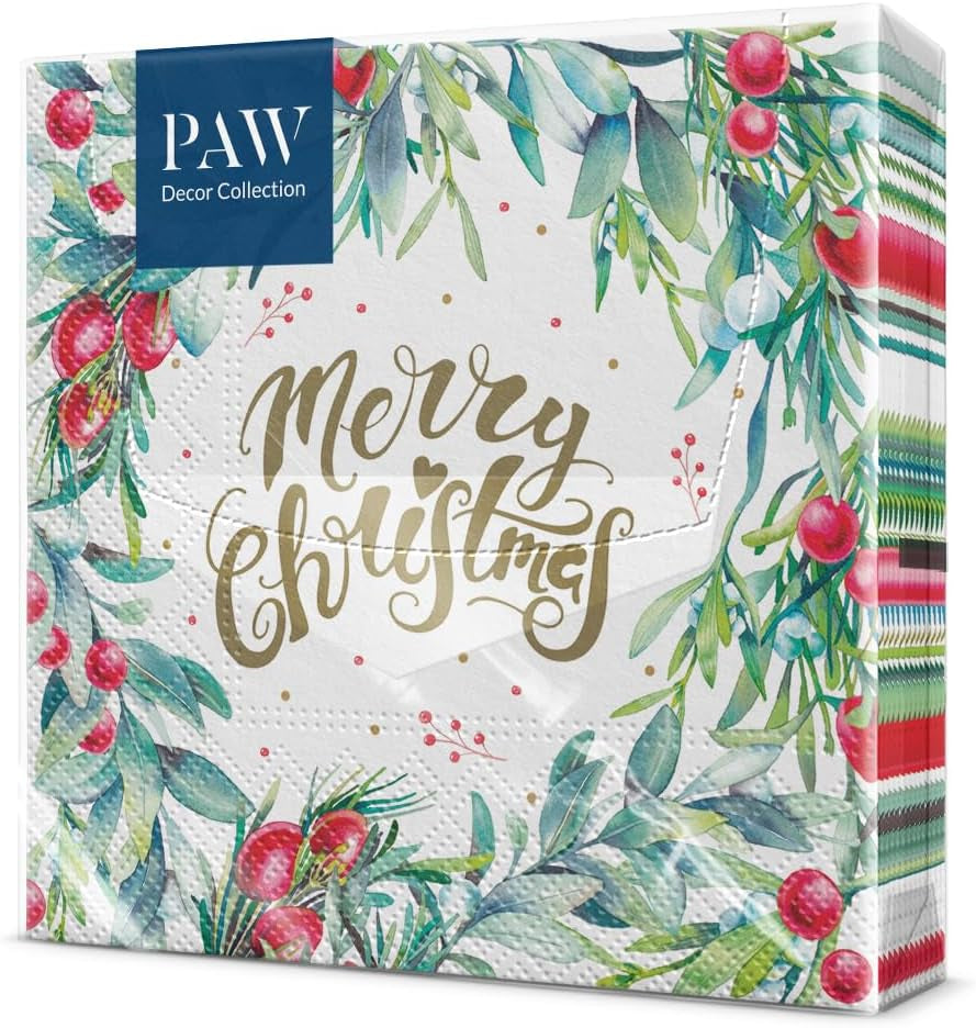 PAW - Șervețele 3 straturi (33 X 33 Cm) I 20 bucăți I Șervețele de hârtie colorate perfecte pentru masa de Crăciun I Șervețele - Crăciun, iarnă, stele, zăpadă, oameni de zăpadă I Familia Snowy