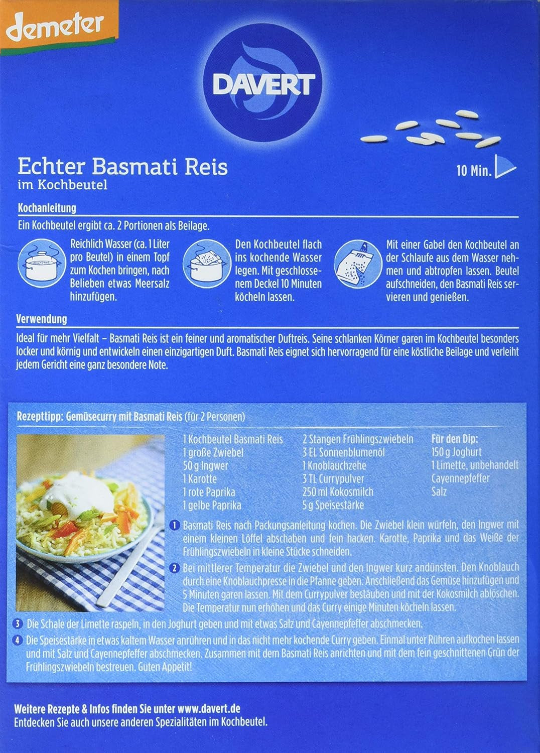 Davert Riso Basmati biologico in buste da cucina, 2 buste, 250g