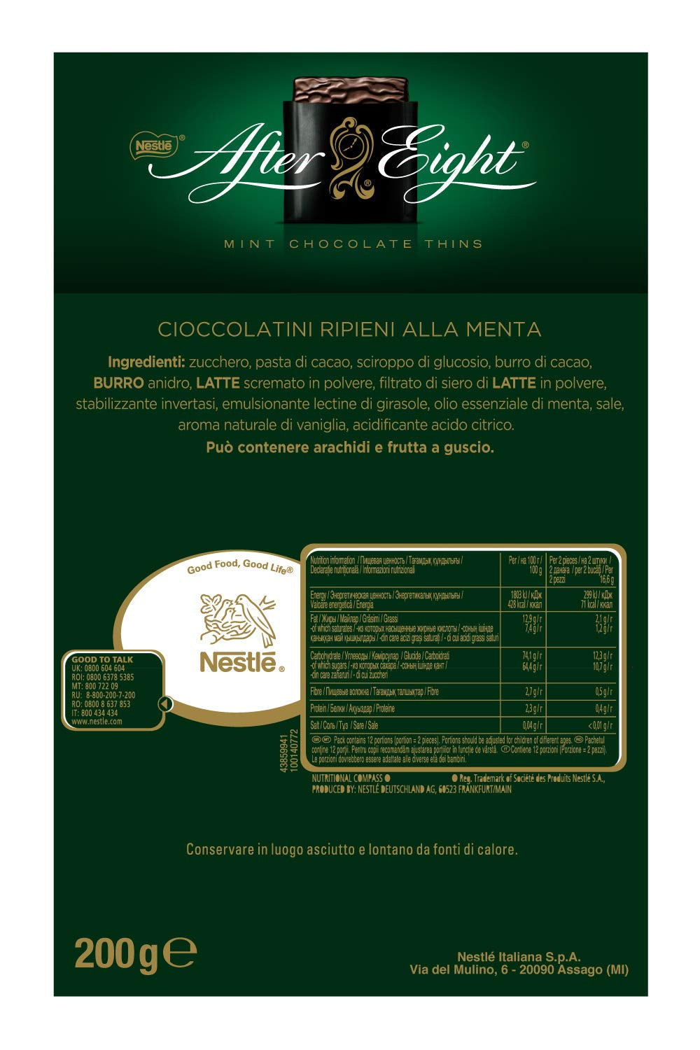 NESTLÉ AFTER EIGHT Quadretti sottili di cioccolato fondente con ripieno di crema alla menta per intenditori, confezione da 5 (1 x 200 g)