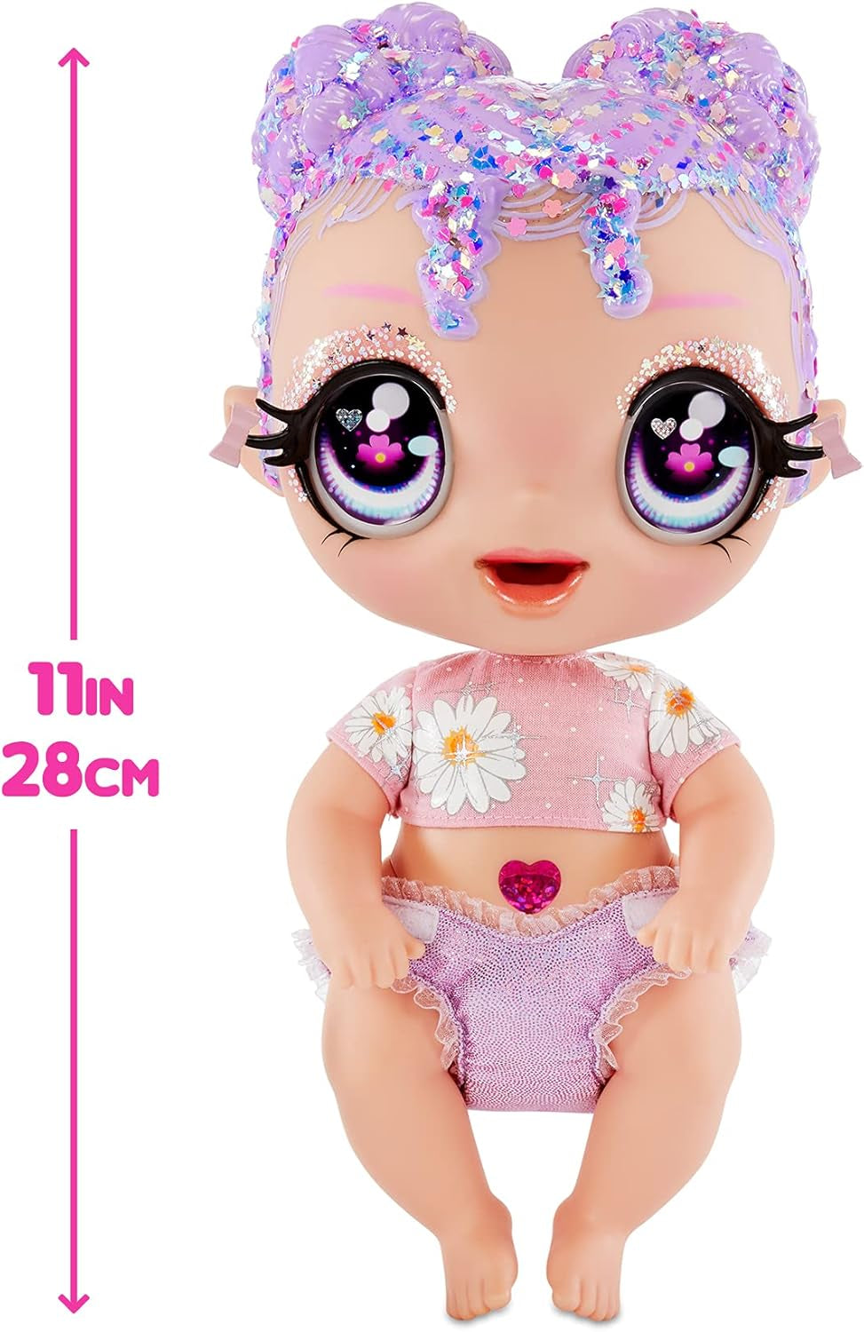 MGA Glitter Babyz - LILA WILDBLOOM - Bambolina con 3 magici cambi di colore attraverso l'acqua ghiacciata - con capelli lilla glitterati, vestito a fiori selvatici, pannolino, biberon e ciuccio - per bambini dai 3 anni