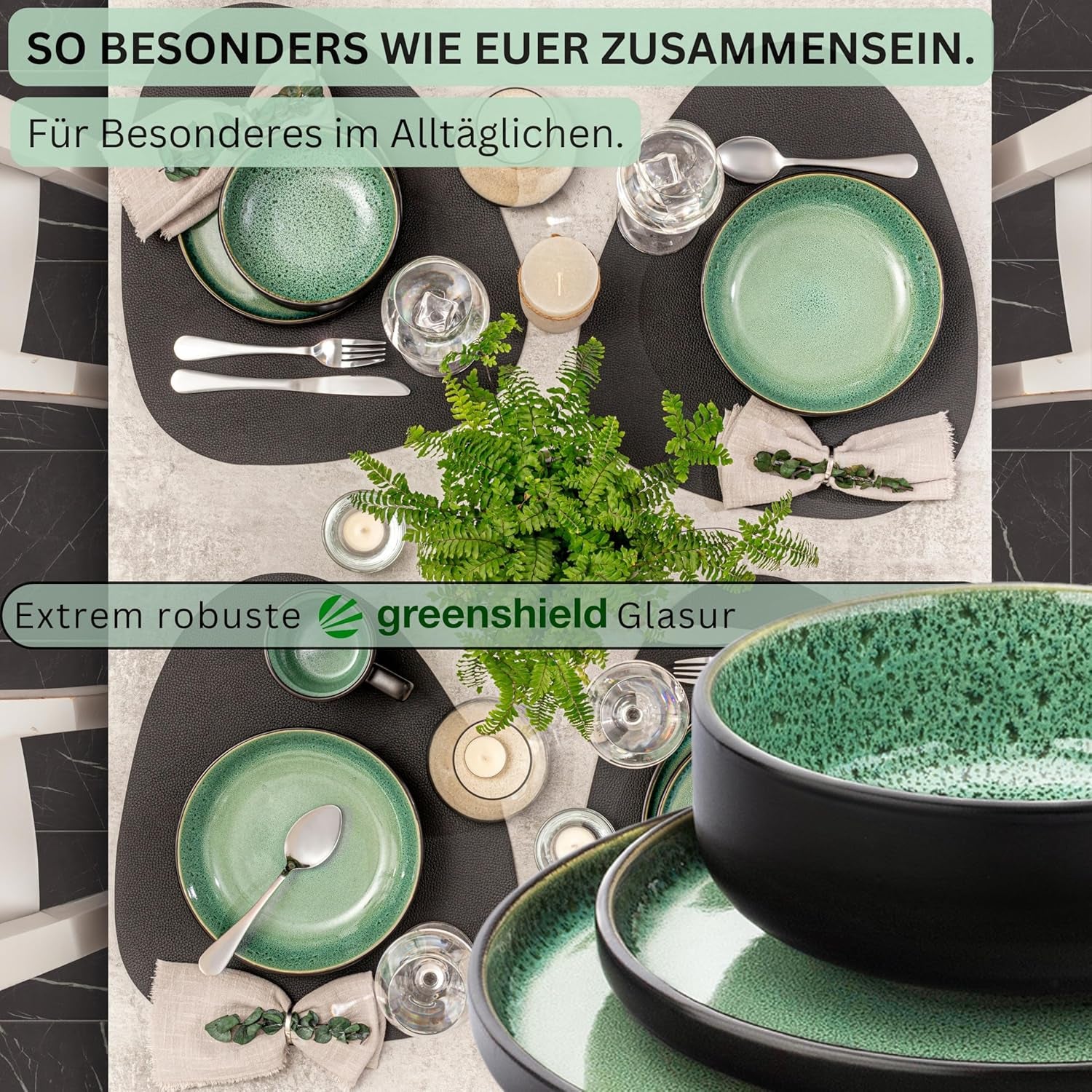 SÄNGER Greenwich | Set de veselă din gresie, 18 piese, Set de farfurii pentru 6 persoane, Set de veselă (6 farfurii de cină, 6 farfurii de desert, 6 boluri), Verde, Rezistent la zgârieturi, Veselă | COLECȚIA VALUE