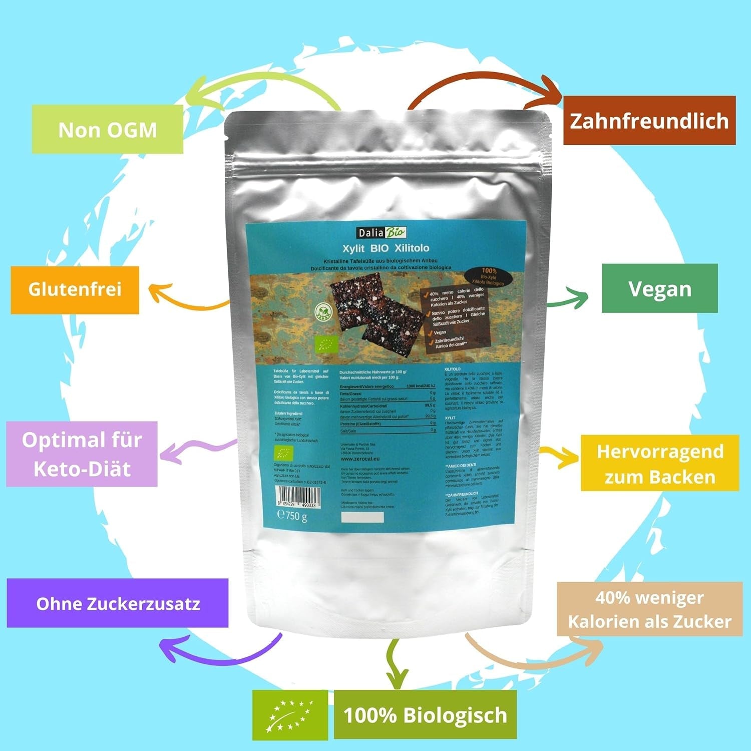 Bio Xilitolo Bio | Aus Biologischer Landwirtschaft | 40% di calorie in meno Zahnfreundlich | Ideal Zum Kochen Und Backen, 750 G Dolcificanti Naty Shop