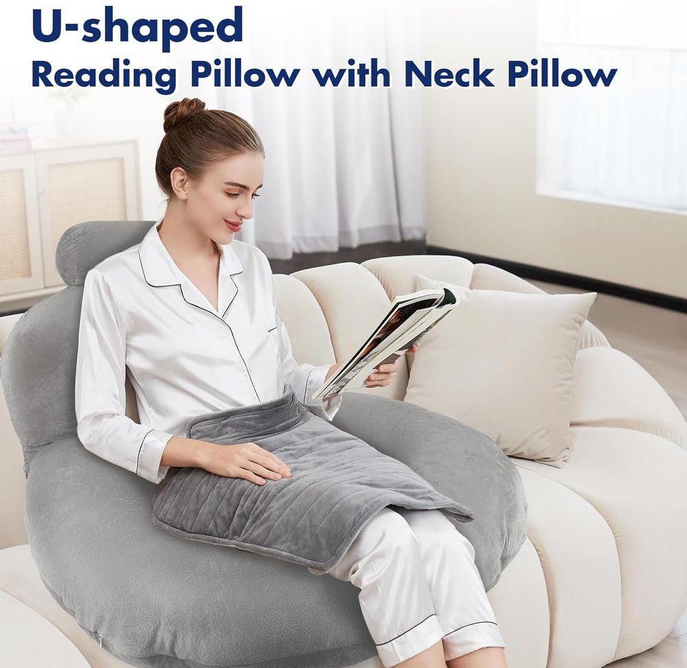 Pernă de citit, pernă de spate în formă de U cu pernă de gât, pernă de gaming gri, pernă pentru citit, joacă, lucru, odihnă