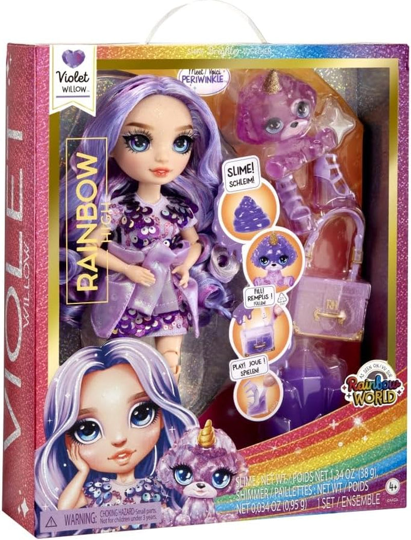 Păpușă Rainbow High Fashion cu Slime și Animal de Companie - Violet (Mov) - Păpușă Sclipitoare de 28 cm cu Slime Sclipitor, Animal de Companie Magic și Accesorii de Modă - Jucărie pentru Copii - Ideală pentru 4-12 Ani