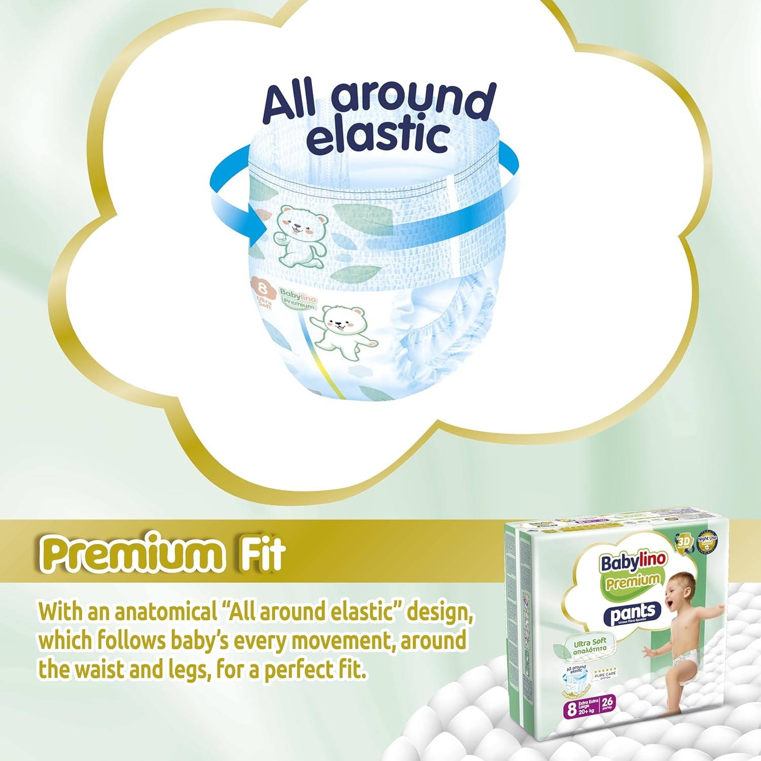 Pantaloni Premium taglia 8 con filtro ultra morbido, XXL (20+ kg), 104 pezzi