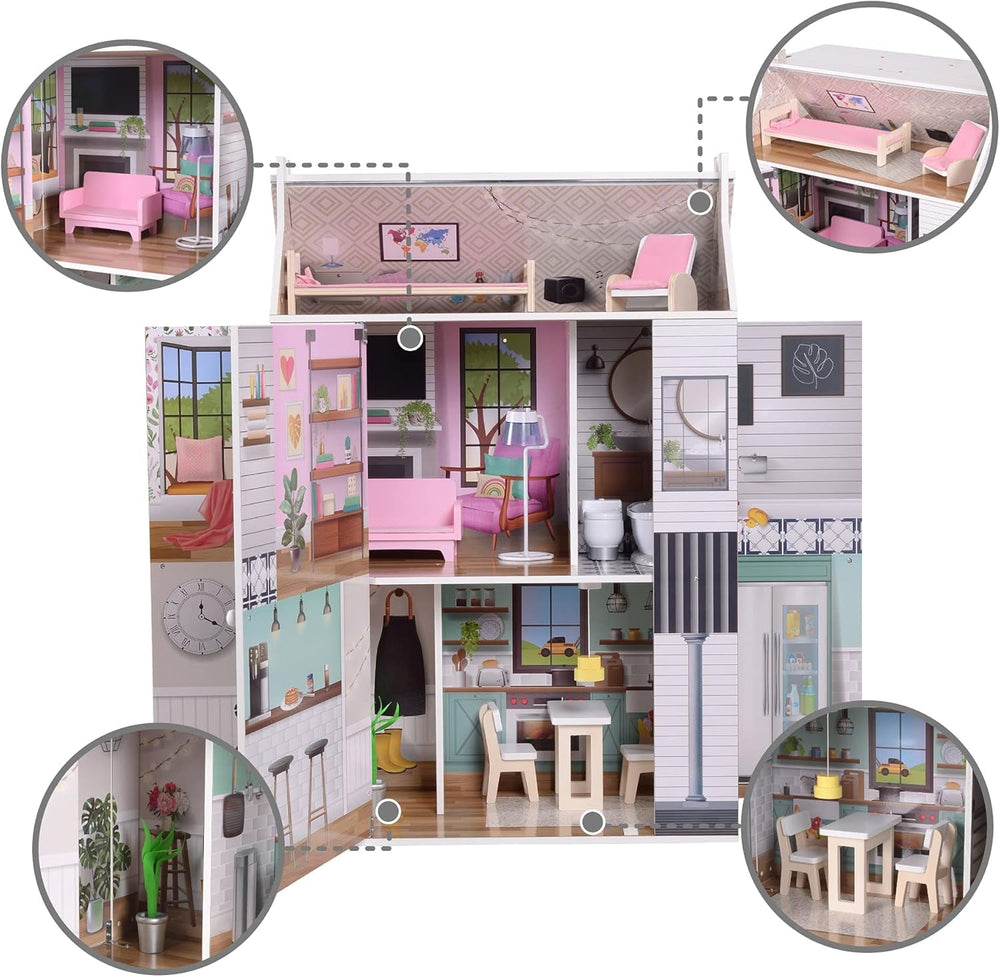 Olivia'S Little World Dreamland Farmhouse Casa delle bambole interattiva in legno per bambini 3 piani con 13 accessori per mobili per bambole Bianco TD-13632A Case delle bambole Naty Shop