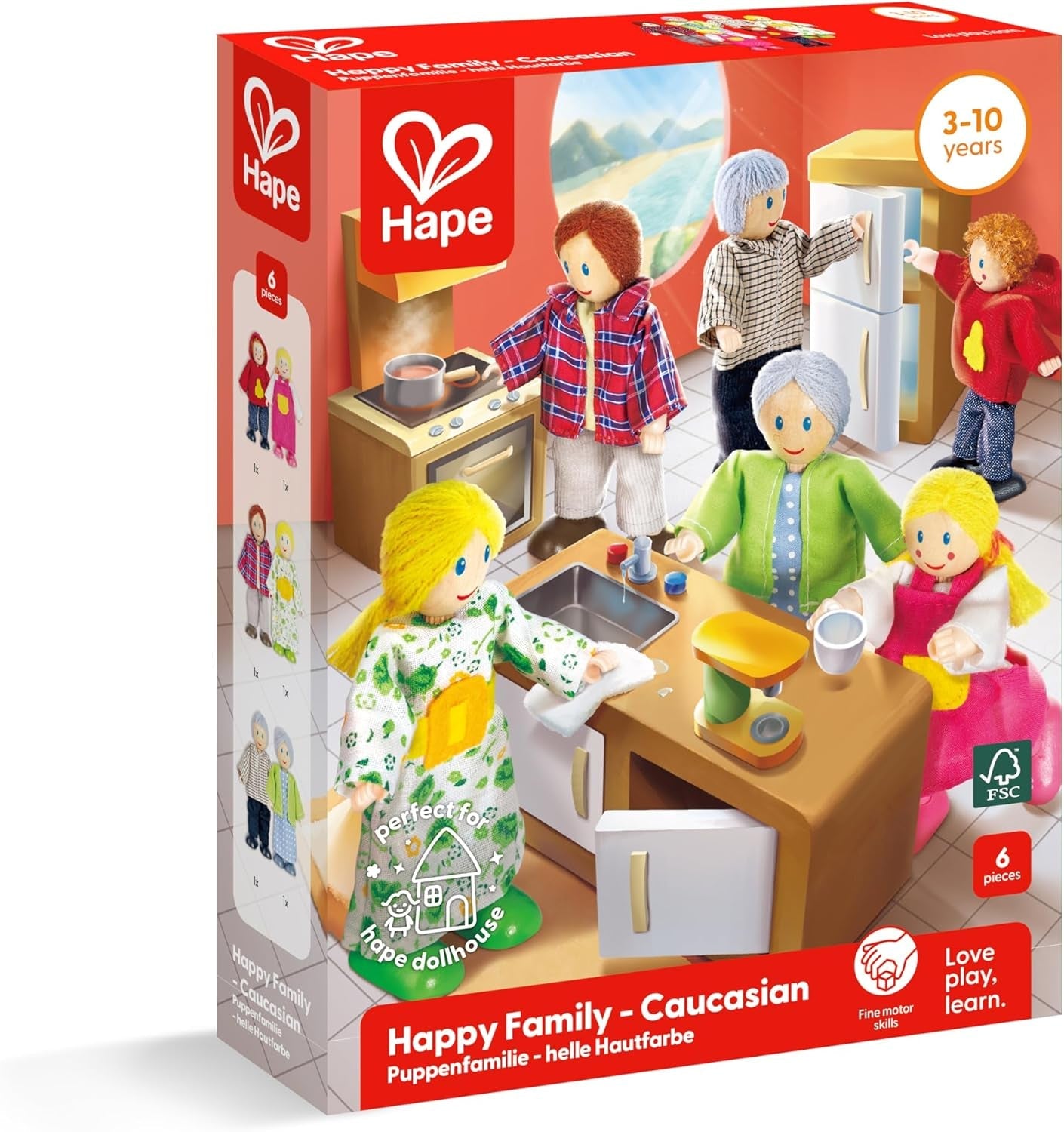 Set familial de păpuși Hape Doll Family premiat, accesorii unice pentru case de păpuși din lemn, joc imaginativ, 6 membri ai familiei de păpuși, pentru copii cu vârsta de 3 ani și peste