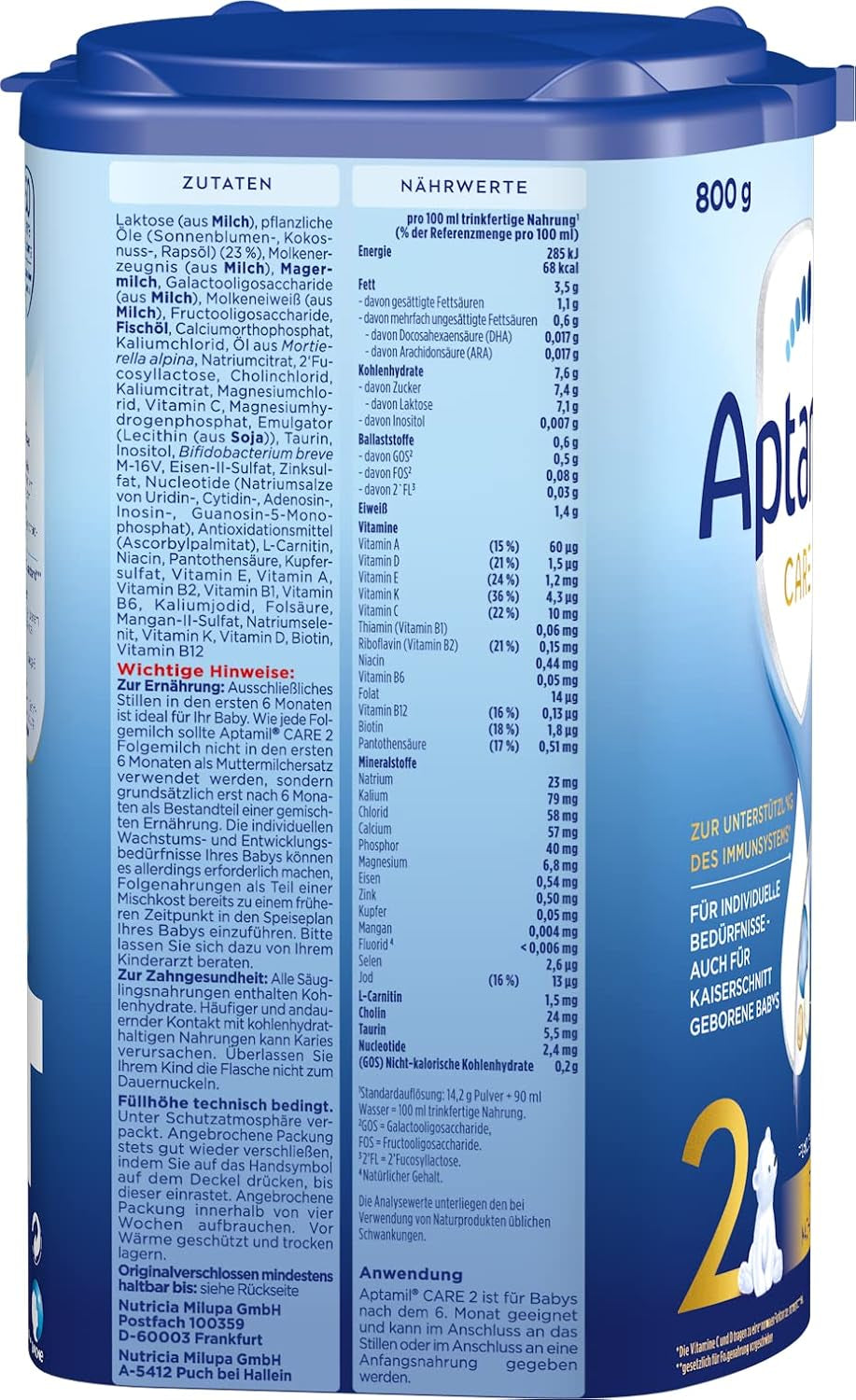 Aptamil Care 2 - Latte di proseguimento dopo 6 mesi, con Omega 3 e 6, DHA e ARA, senza olio di palma, alimenti per l'infanzia, latte in polvere, 1 x 800 g (confezione da 6)