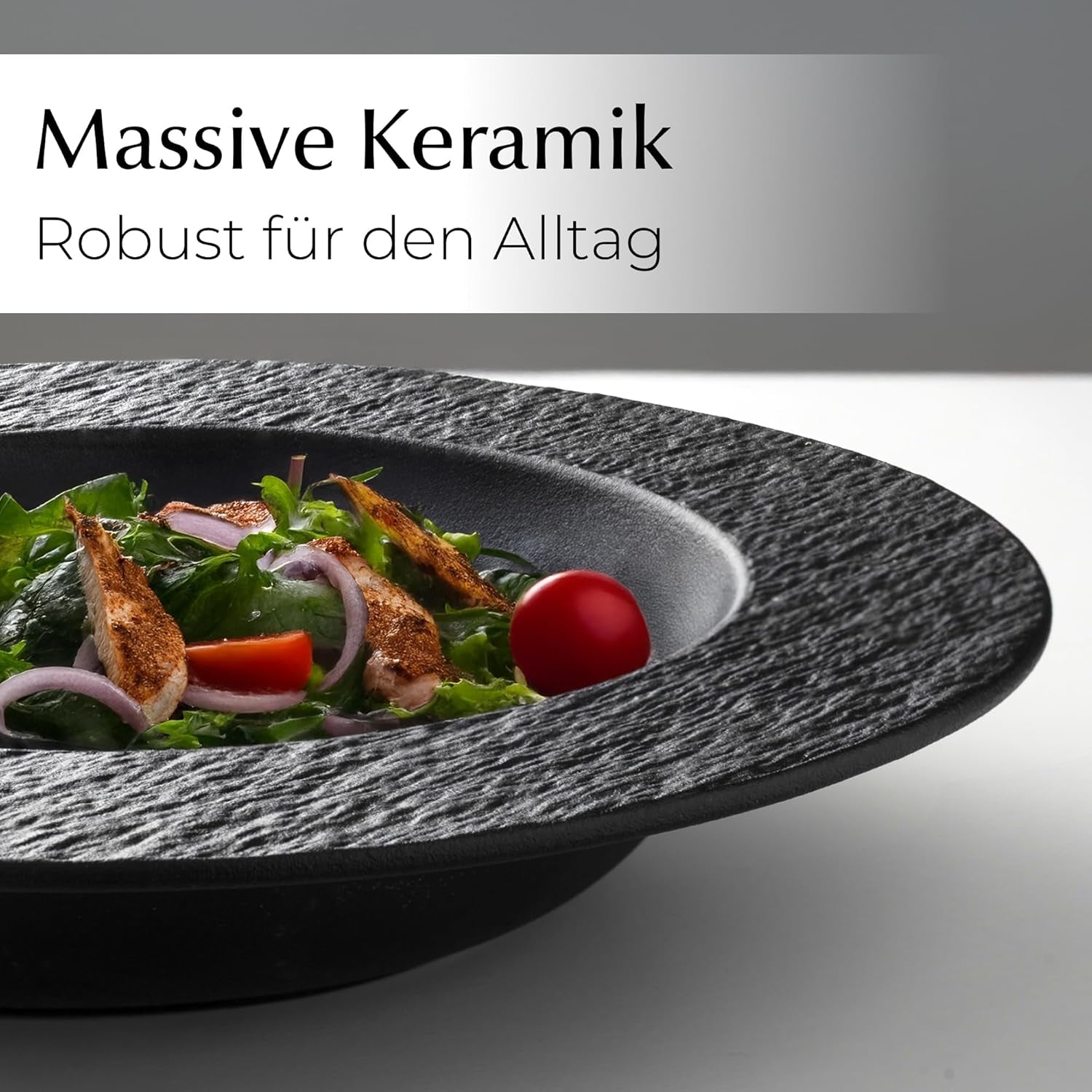 MIAMIO – Set de 4 farfurii pentru paste, 26 cm, farfurii adânci mari pentru supă, veselă ceramică modernă, alb-negru, potrivită pentru cuptorul cu microunde și mașina de spălat vase – Colecția Oasis (Negru)