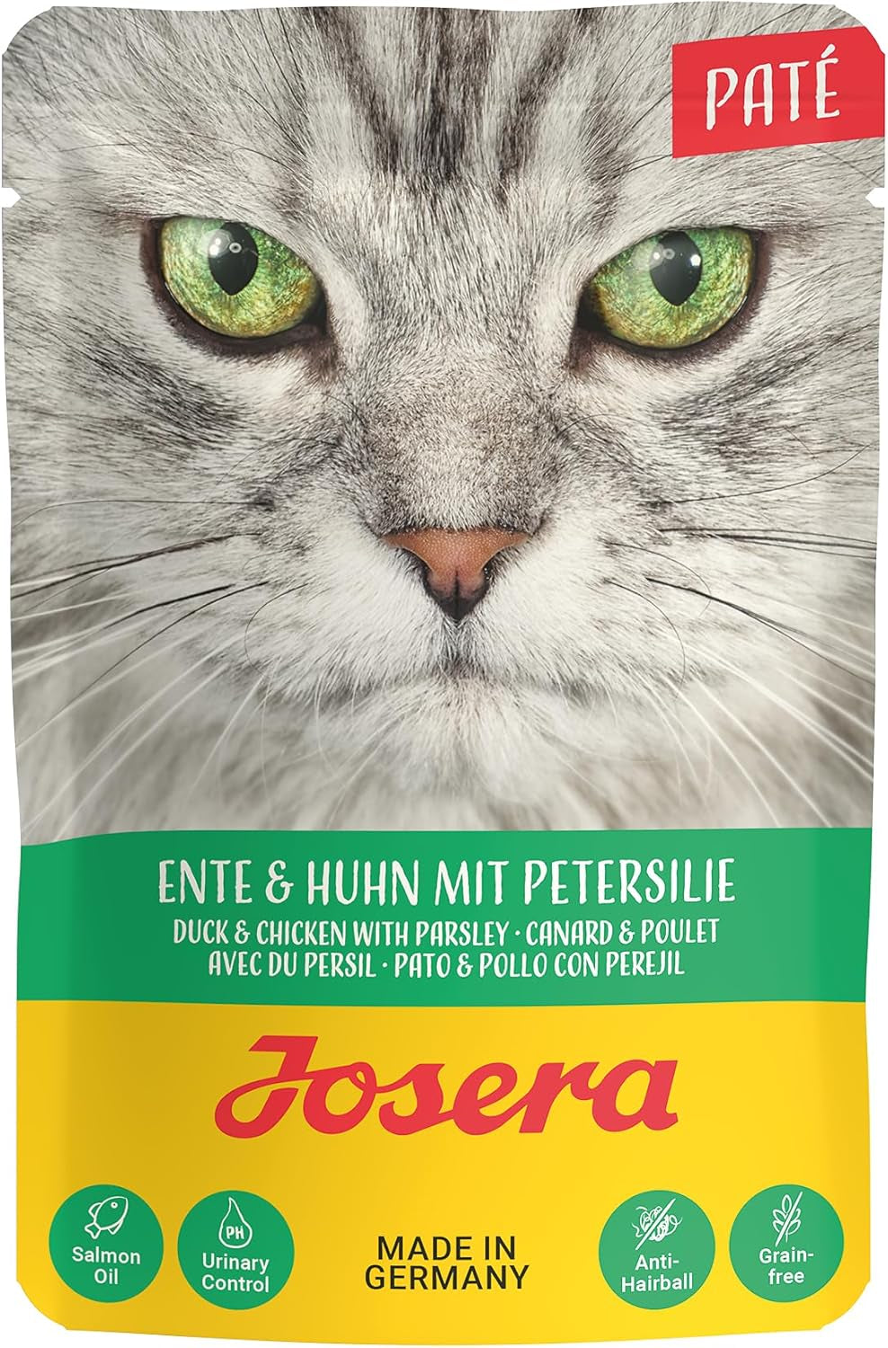 JOSERA Pateu de rață și pui cu pătrunjel (16 x 85 g) | Adult | Hrană umedă premium pentru pisici adulte | Pateu de rață și pui | Ulei de somon | Fără cereale | Hrană umedă pentru pisici în pliculețe proaspete | Pachet de 16