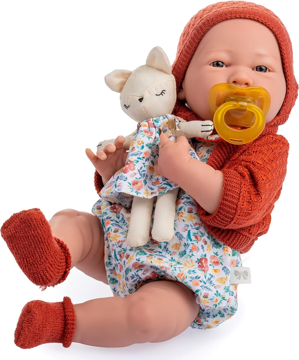 jc toys- Muñeca La Newborn recién nacida de 38 cm, de vinilo Suave, colección Nature, Con ropa floral, chupete y Peluche, niña, diseñada en España por Berenguer, +2 años