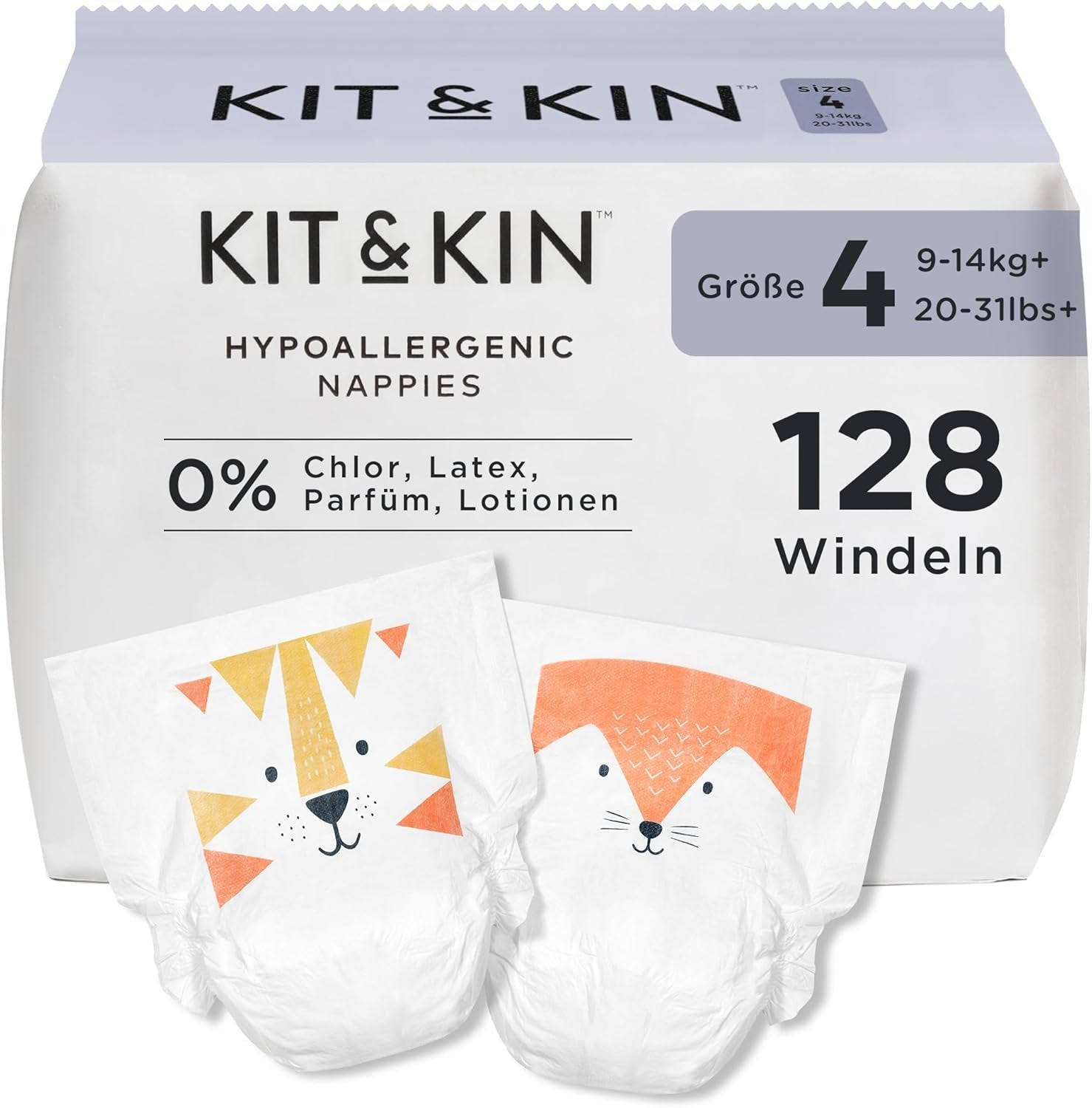 Pannolini Kit & Kin Premium, taglia 4 (9-14 kg), 128 pezzi, a base vegetale e ipoallergenici, protezione affidabile dalle perdite, vegani e cruelty free