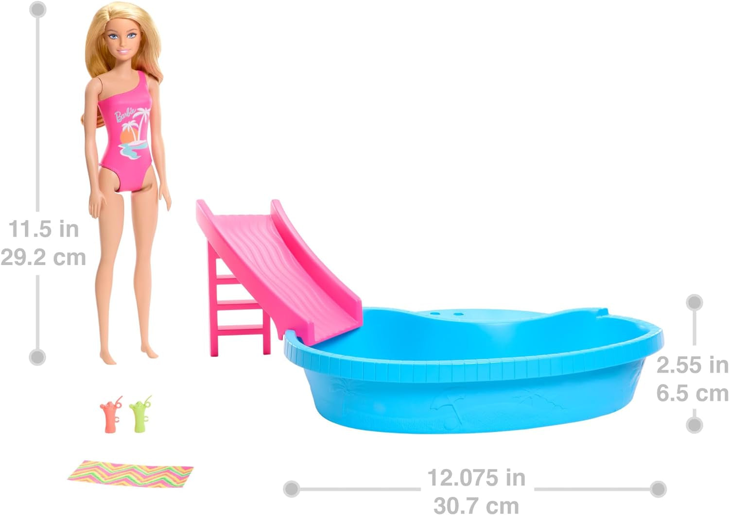 Bambola Barbie e accessori - piscina con scivolo e accessori per ore di divertimento al sole, costume da bagno rosa con design tropicale, per bambini da 3 anni, HRJ74 Naty Shop Dollhouses