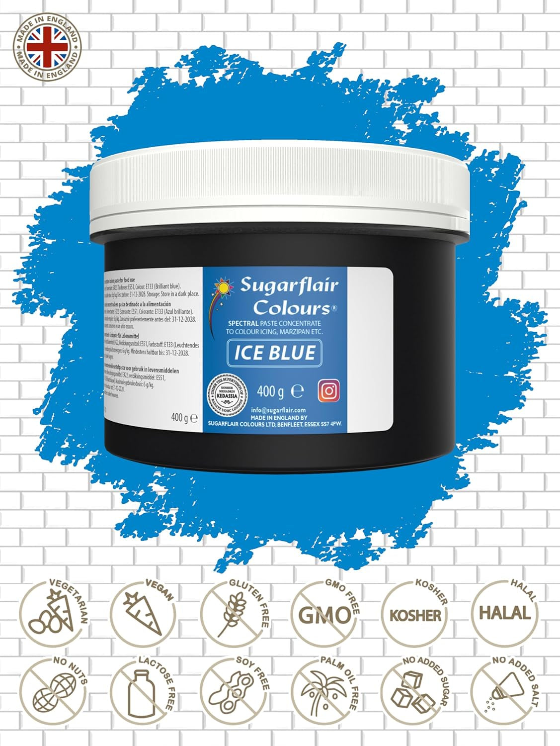 Colorant alimentar Sugarflair Ice Blue pentru paste, colorant alimentar pentru fondant și marțipan, paste concentrate Spectral - 400 g