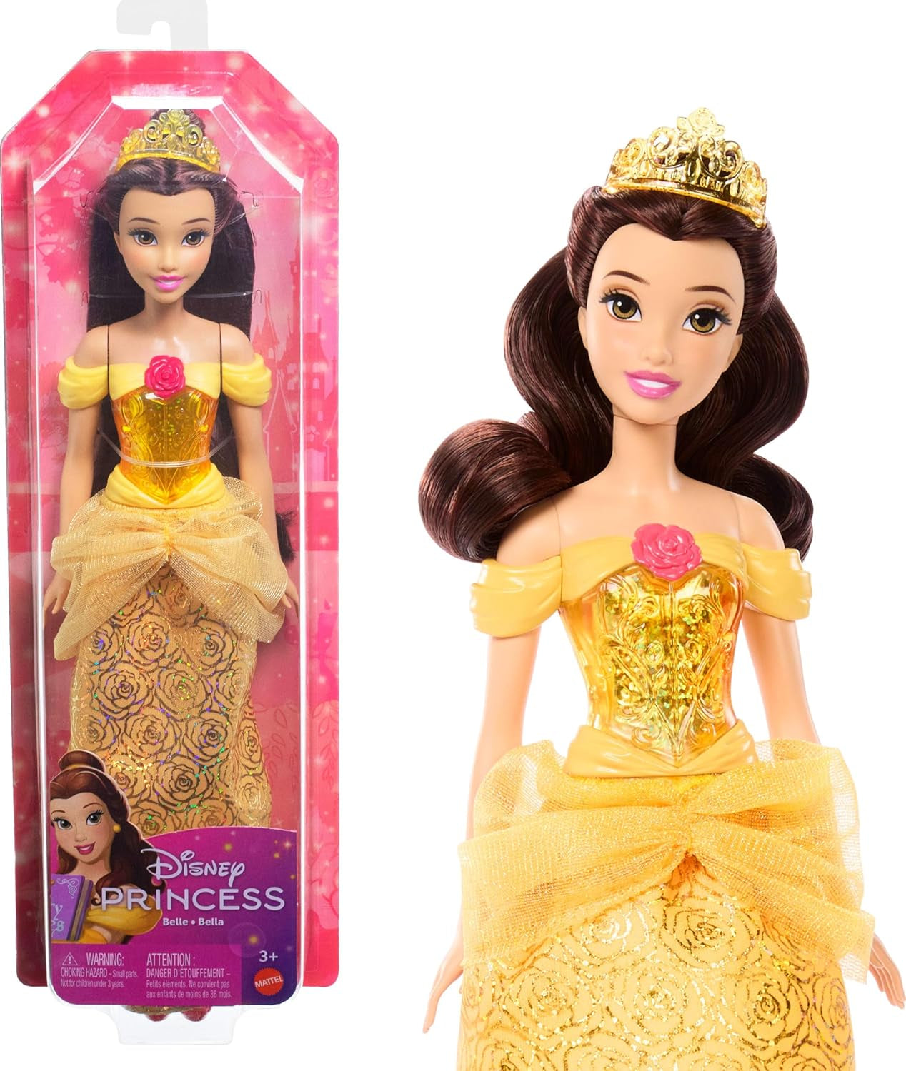 Jucărie Mattel Disney Princess, Păpușă la modă Belle articulată cu haine și accesorii strălucitoare, inspirată din filmul Disney, cadou pentru copii, HLW11
