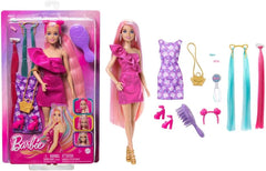 Barbie Totally Hair - Păpușă cu păr curcubeu extra lung, ușor de coafat și 10 accesorii de modă și styling, rochie cu buline și blocuri de culoare, pentru copii cu vârsta de 3 ani și peste, HKT96