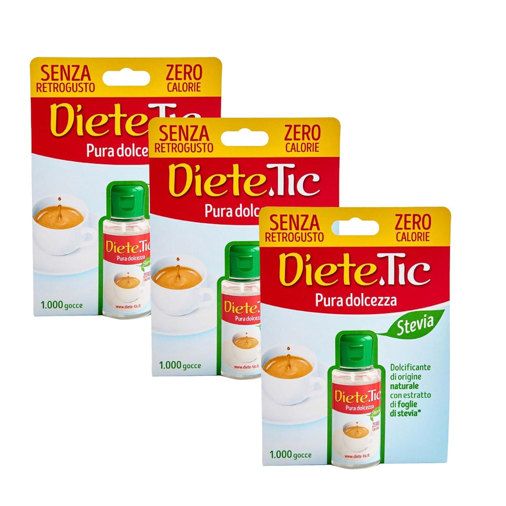 Diete.Tic Dolcificante Liquido con Stevia, Zero Calorie, Pratica Confezione da 3 x 50ml (1000 Gocce), Senza Glutine, Senza Conservanti, Ottimo per Dolcificare Bevande, Yogurt e Macedonie