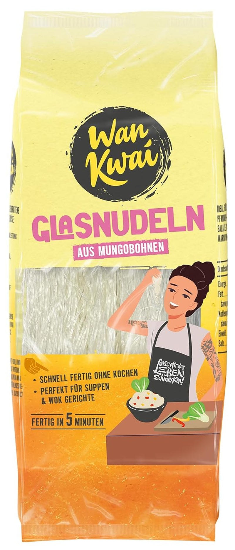 Wan Kwai Glass Noodles 100g – Varietà asiatica gourmet! Senza glutine, a base di amido di fagioli mung e acqua. Ideale per zuppe, piatti wok e insalate. Texture delicata, pronta in 5 minuti.