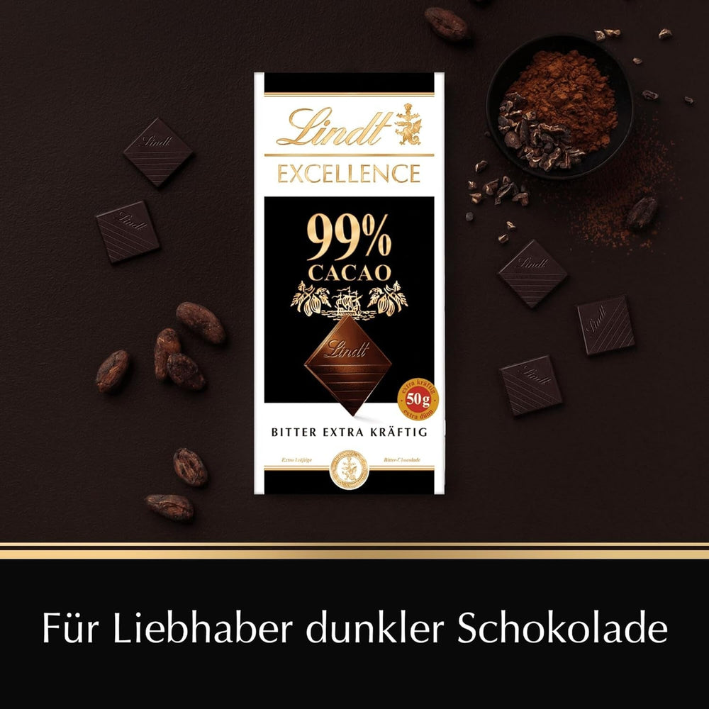 Lindt EXCELLENCE 99% Kakao - Edelbitter-Cioccolato | 50 G Tafel | Extra Kräftige Cioccolato Amaro | Intensificatore Kakao-Geschmack | Cioccolato Fondente | Schokolade vegano | Schokoladengeschenk Naty Shop