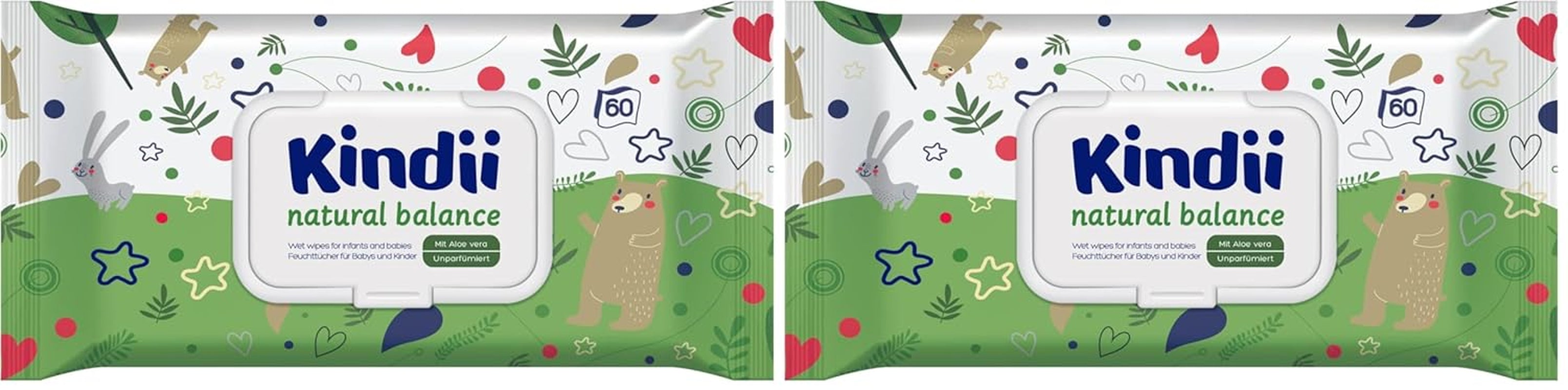 Salviettine umidificate per neonati Kindii Natural Balance – (1 x 60 pz.) Salviette umidificate per neonati e bambini – Protettive, Aloe Vera, Fragranza delicata – 60 pz.