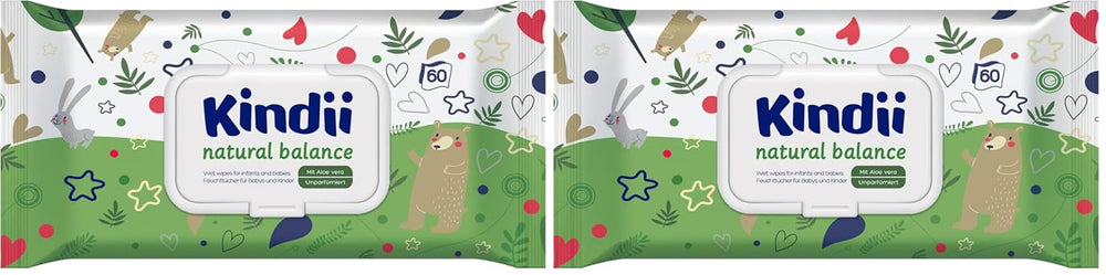 Salviettine umidificate per neonati Kindii Natural Balance – (1 x 60 pz.) Salviette umidificate per neonati e bambini – Protettive, Aloe Vera, Fragranza delicata – 60 pz.