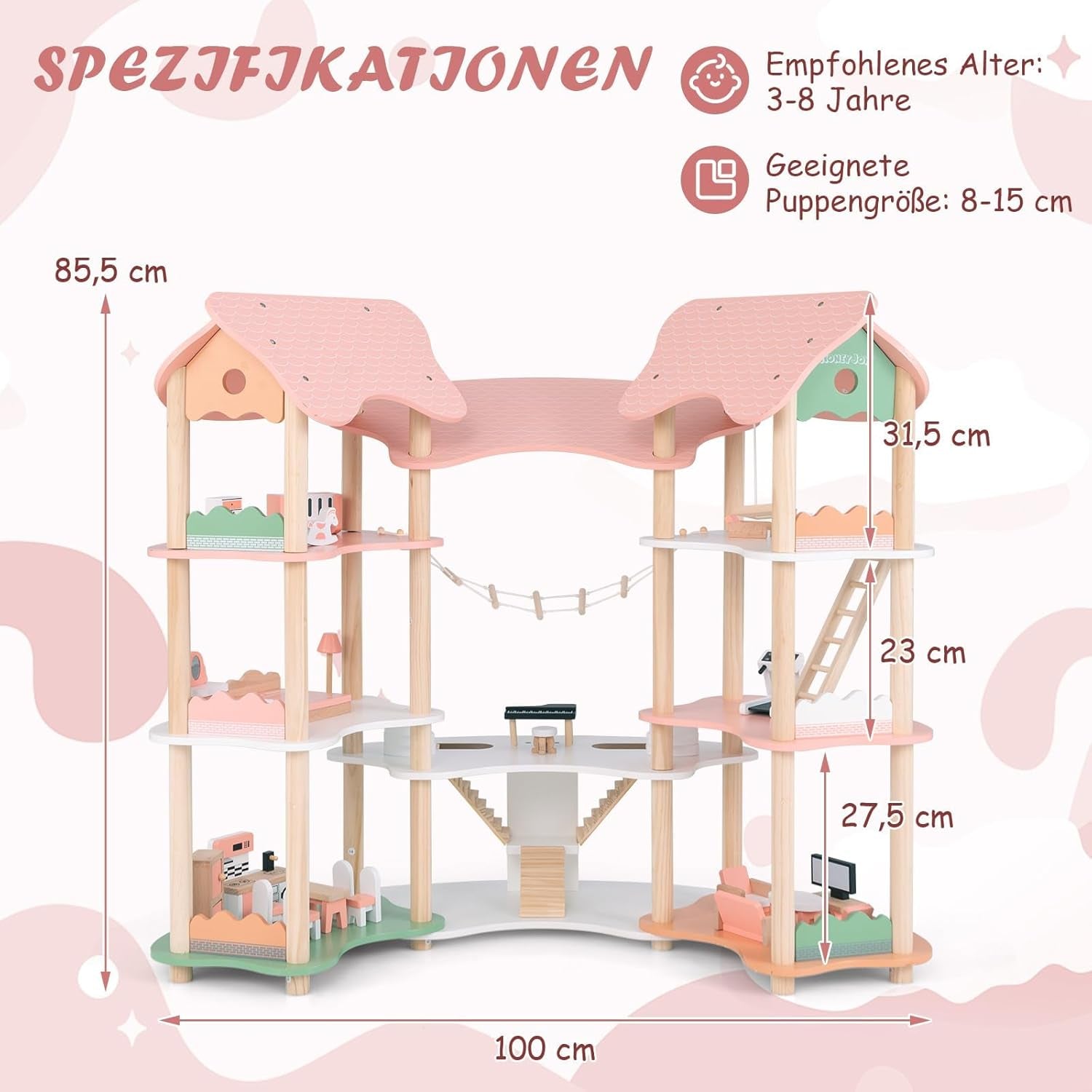 FANTASK Casa delle Bambole in Legno, Casa delle Bambole con 7 Camere e 7 Camere, Altezza 85 cm, con 32 Mobili e Accessori, Casa delle Bambole con Scala di Corda, Casa delle Bambole Regalo per Bambine di 3 Anni (Modello 3) Naty Shop Dollhouses