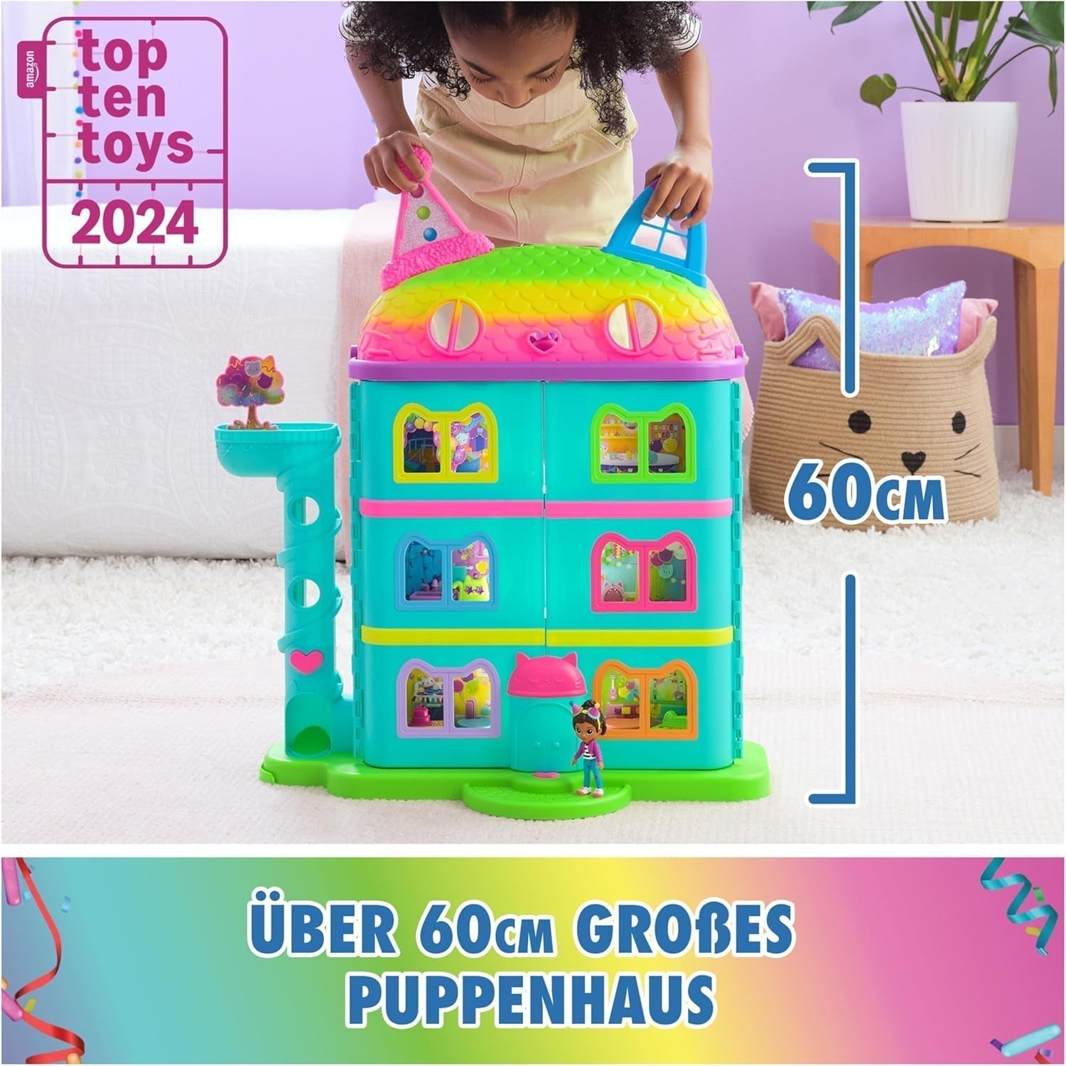 Casa de păpuși Gabby™S, set de 15 piese pentru casa de păpuși Purrfect Party cu aspect curcubeu, de peste 60 cm, cu figura Gabby, mobilier și efecte sonore, de la 3 ani Casute de papusi Naty Shop