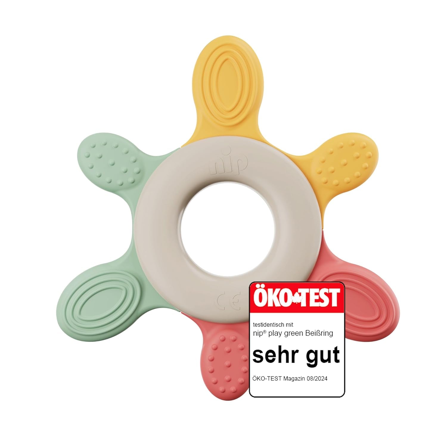 nip – Inel de dentiție | Inel de dentiție sustenabil pentru bebeluși de la 3 luni, fabricat din peste 65% materii prime naturale. Pentru masajul ușor al gingiilor, limbii și dinților | Roșu/Verde/Portocaliu