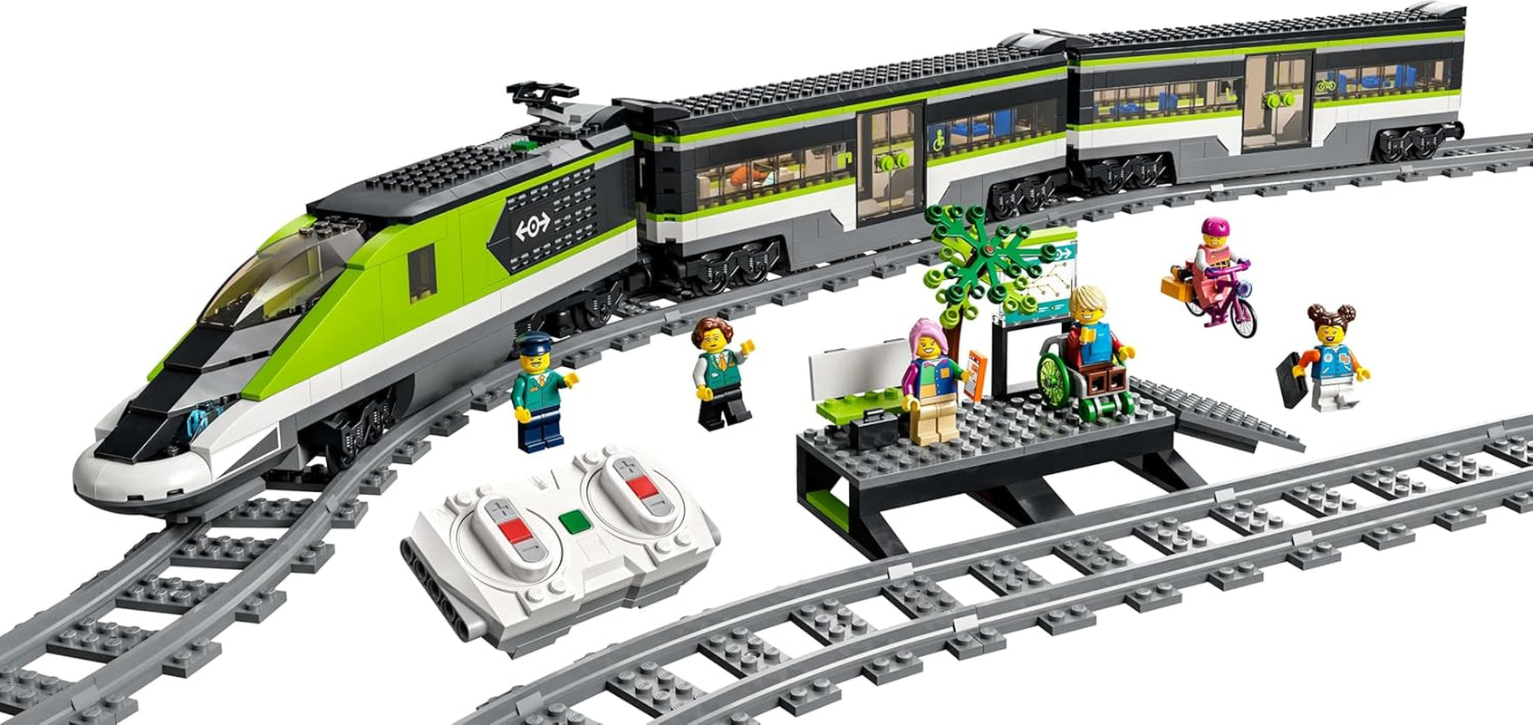 Treno espresso passeggeri LEGO City, set di treni telecomandati, giocattolo ferroviario con fari, 2 carrozze e 24 elementi di binario, regalo per bambini, ragazzi e ragazze 60337 Set di costruzione Besuche den LEGO-Store