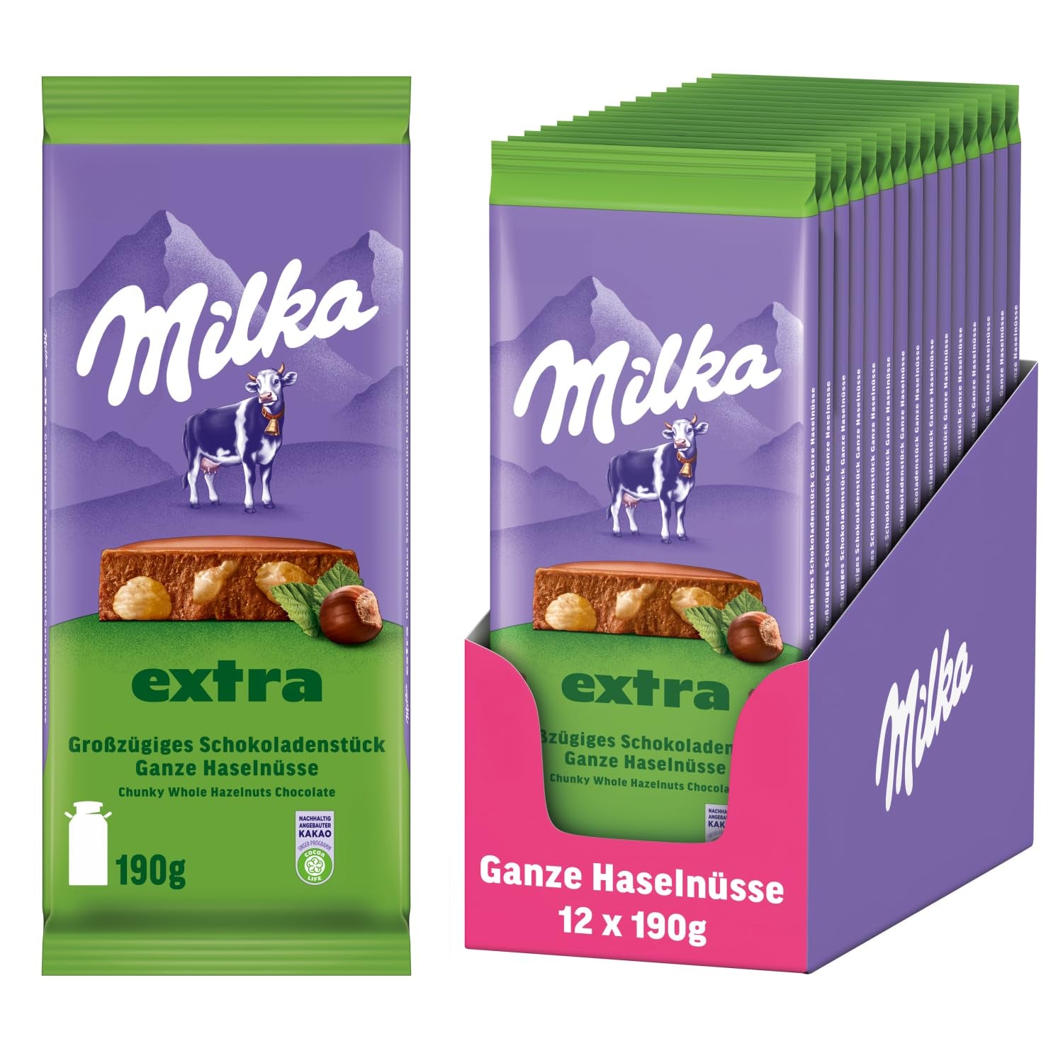 Nocciole intere con cioccolato Milka Extra - Cioccolato al latte alpino con nocciole intere croccanti - 12 x 190g