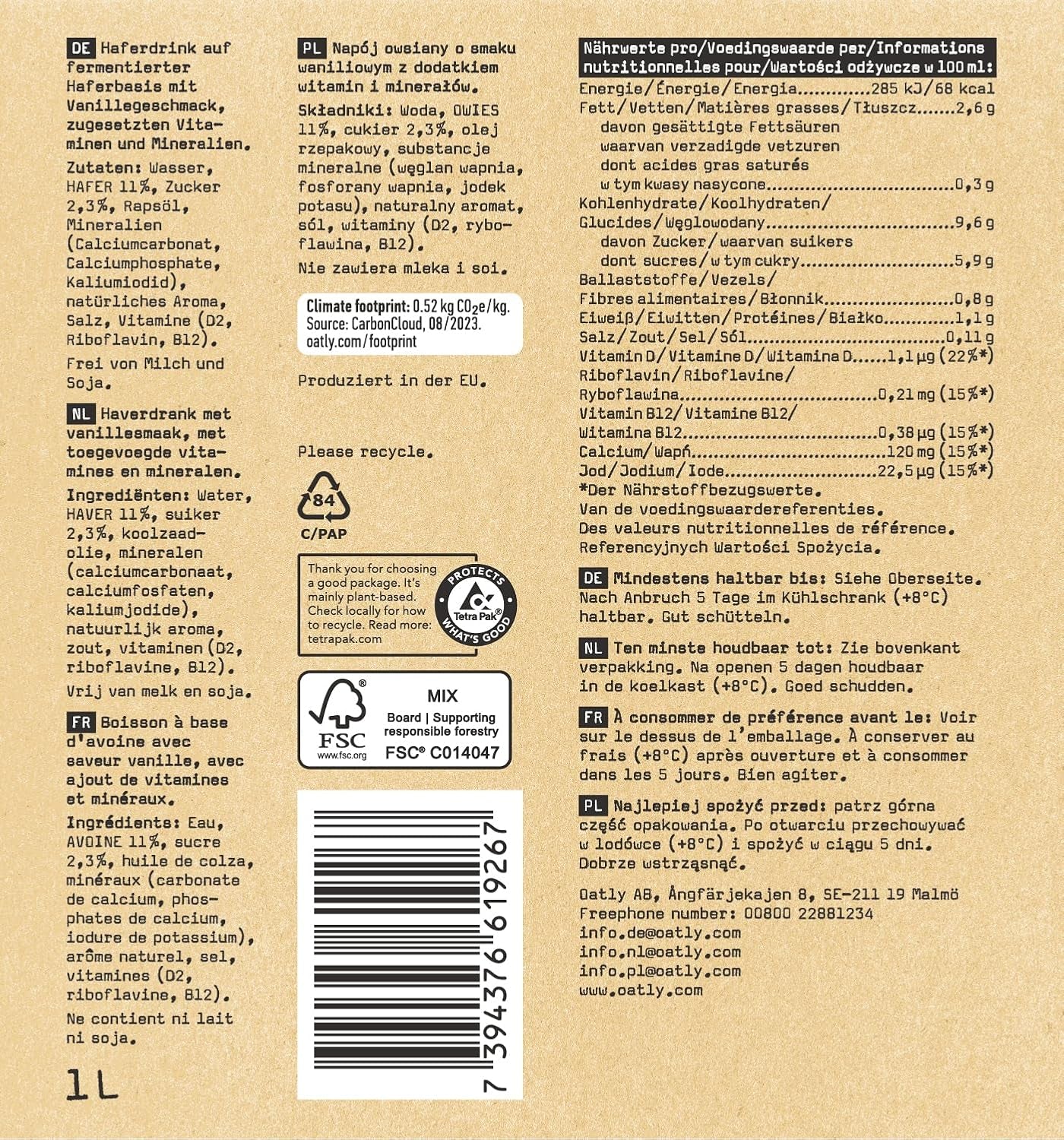 Oatly Haferdrink Vanille 1L (confezione da 6)