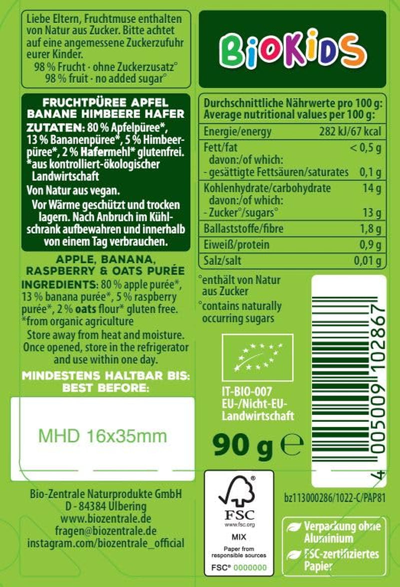 biozentrale BioKids Piure de fructe Măr Banană Zmeură Ovăz | 12 x 90g | Gustare fructată fără zahăr adăugat | Vegan