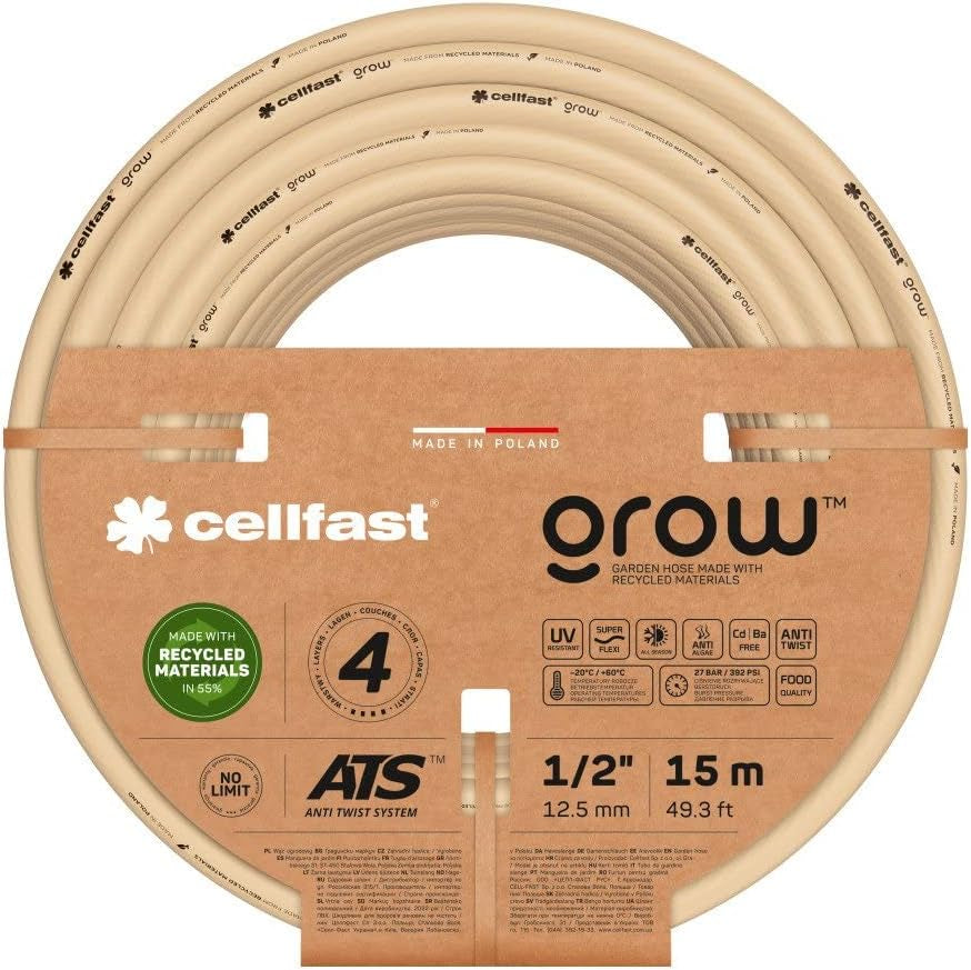 Furtun de grădină Cellfast GROW, durabil, flexibil, cu 4 straturi, tricotat ATS durabil, rezistent la UV și alge, fără metale grele, 27 bar, -20/+60°C, închidere de 1/2", 15m