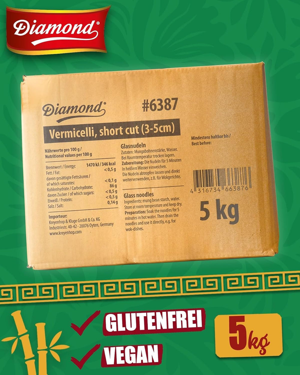 Tagliatelle di vetro DIAMOND, tagliatelle di vetro corte con amido di fagioli mung, naturalmente vegane e senza glutine - 1 x 5 kg