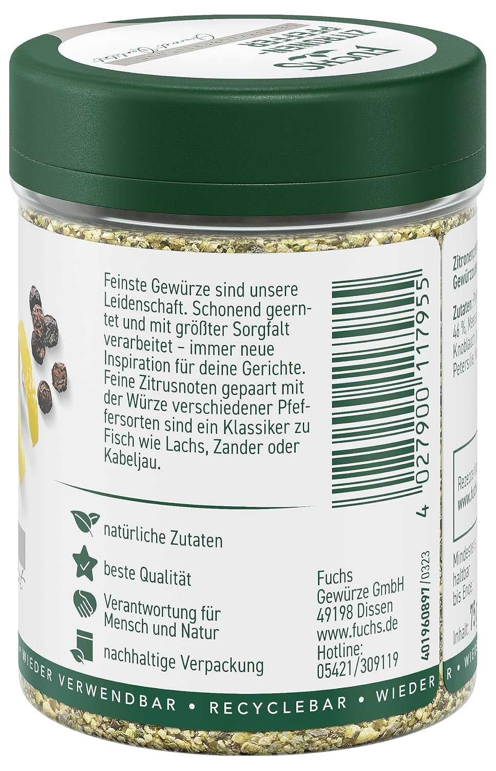 Fuchs Gewürze - Citronenpfeffer Gewürz - Gewürzzubereitung für Lachs, Zander und Kabeljau - ingredienti naturali - 75 g in wiederverwendbarer, recyclebarer Dose