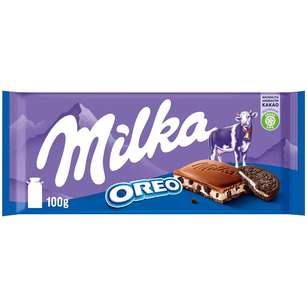 Milka Oreo – Cioccolato al latte alpino ripieno di croccanti pezzi di biscotti Oreo e morbida crema alla vaniglia – 100g