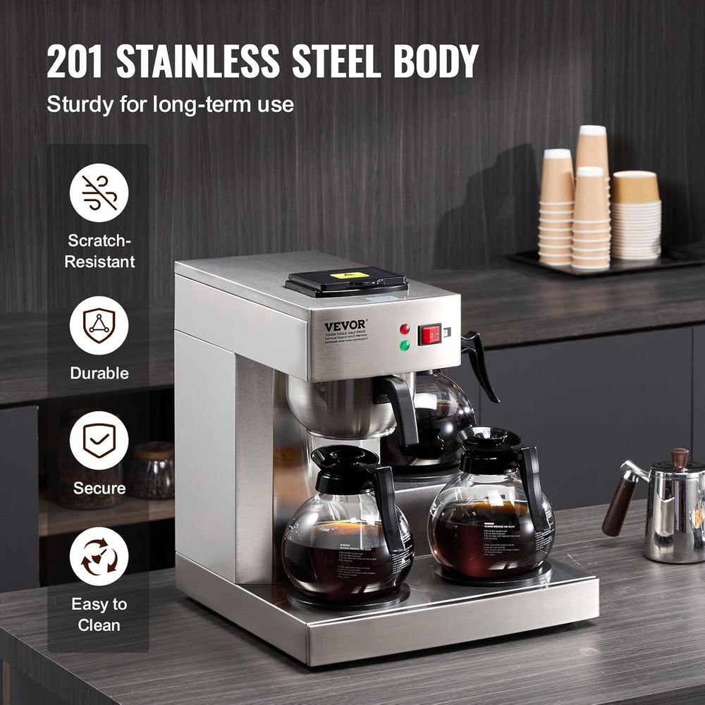 VEVOR Espressor comercial cu filtru pentru 12 căni, espressor cu 3 carafe de sticlă și 3 plăci de încălzire, espressor din oțel inoxidabil cu alimentare automată cu apă, pentru restaurante, birouri, cafenele