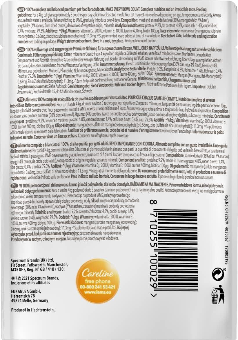 IAMS Delights Hrană umedă pentru pisici cu vită suculentă și morcovi în jeleu - Hrană umedă completă pentru pisici adulte, 24 pliculețe x 85g