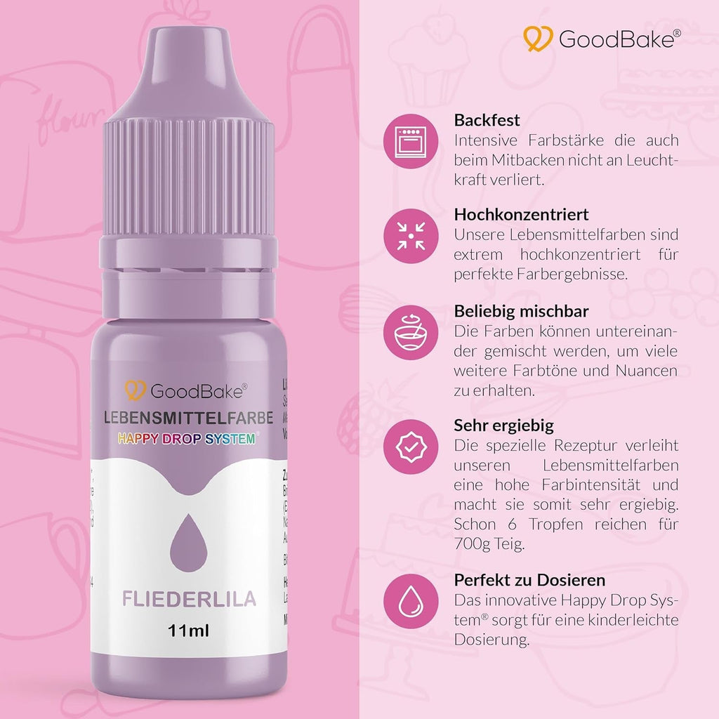 Colorant alimentar Goodbake Pastel Lilac (11 ml) – Colorant alimentar cu doză mare – Pentru colorarea prăjiturilor, fondantului, cremei de unt, macarons-urilor, băuturilor, slime-ului și multor altor obiecte. 100% vegan