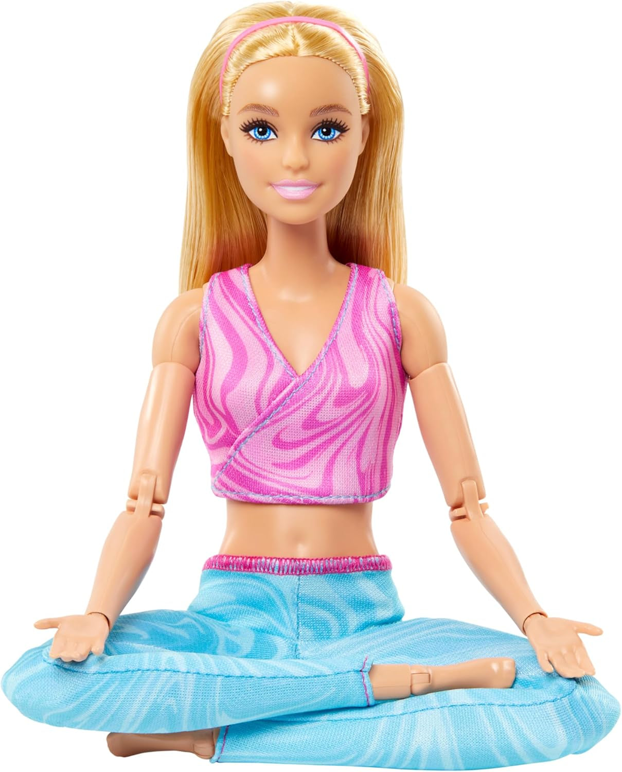 Barbie Made-to-Move-Modepuppe mit blondem Haar, abnehmbarem pinkfarbenen Sportoberteil und Blauer Yogahose, 22 bewegliche Gelenke, HRH27