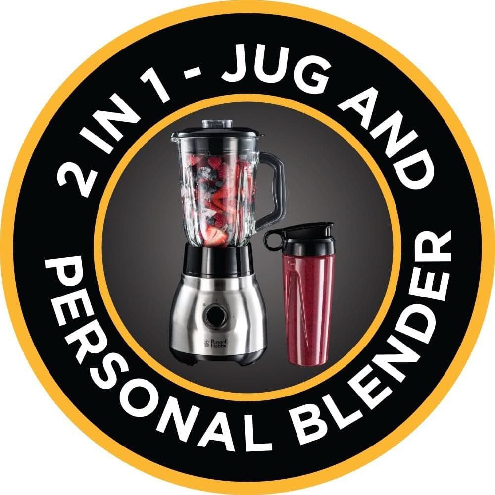 Russell Hobbs Robot da cucina 2 in 1 [mixer in vetro da 1,5 l e mini frullatore da 0,6 l -To-Go-Trinkflasche Inkl. Deckel] Spülmaschinenfest, funzione Impuls-/Ice-Crush, Becher BPA Frei, Edelstahl 23821-56 Kitchen Naty Shop