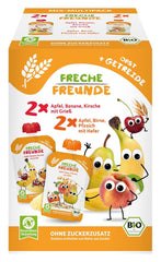 FRECHE FREUNDE Mix biologico in busta comprimibile multipack - Frutta + Cereali, purea di frutta con cereali in busta comprimibile per bambini a partire da 6 mesi, vegano, confezione da 3, 3 x (4 x 100 g)
