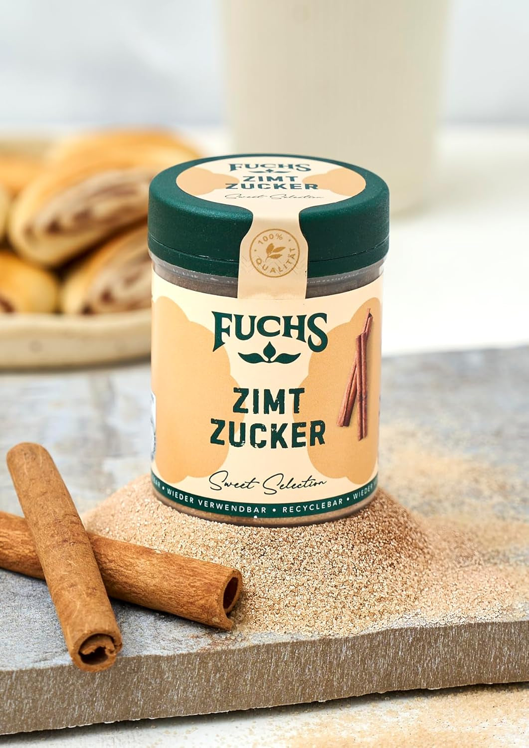 Fuchs Gewürze - Zimt Zucker - Klassiches Gewürz für Milchreis, Pfannkuchen oder Wafeln - aus natürliche Ingredient - 100 g in wiederverwendbarer, recyclebarer Dose