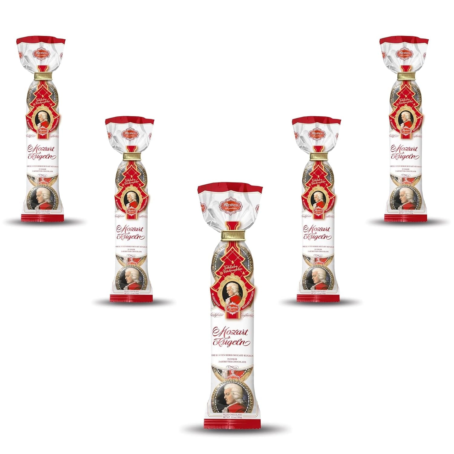 Palline Reber Mozart - 5 buste da 5 caramelle nell'edizione natalizia - Autentiche palline Reber Mozart, fatte di cioccolato fondente, marzapane e torrone