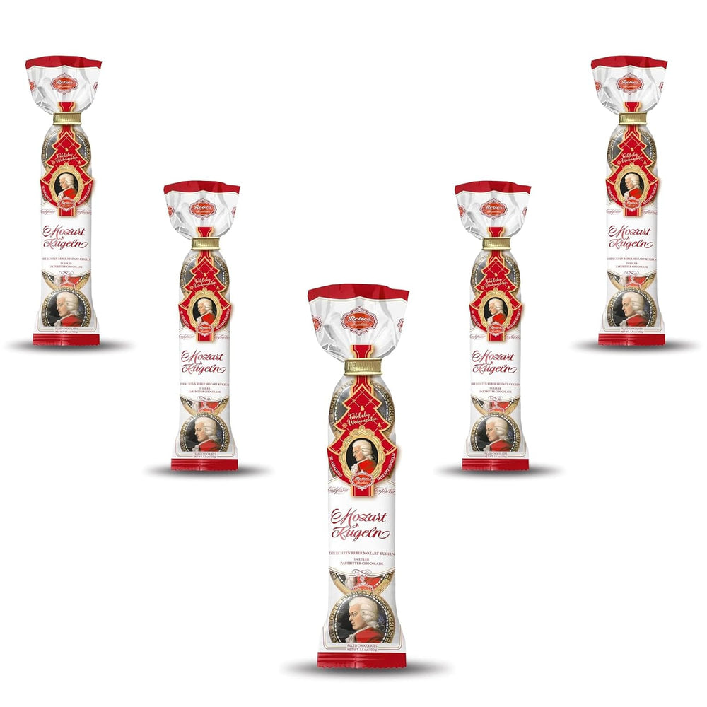 Palline Reber Mozart - 5 buste da 5 caramelle nell'edizione natalizia - Autentiche palline Reber Mozart, fatte di cioccolato fondente, marzapane e torrone